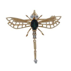 Yellow Gold Sapphire Diamond Dragonfly Brooch/Pendant 14k Oval .67ctw Insect Pin